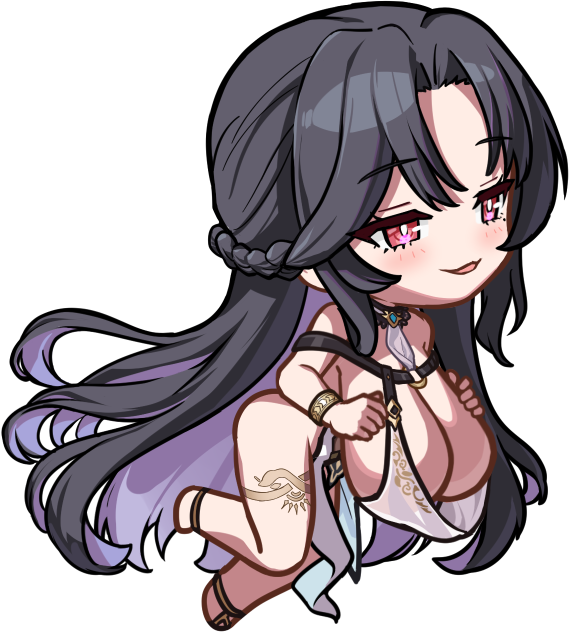 1girl, black_hair, breasts, chibi, cleavage, colored_inner_hair, commentary, curtained_hair