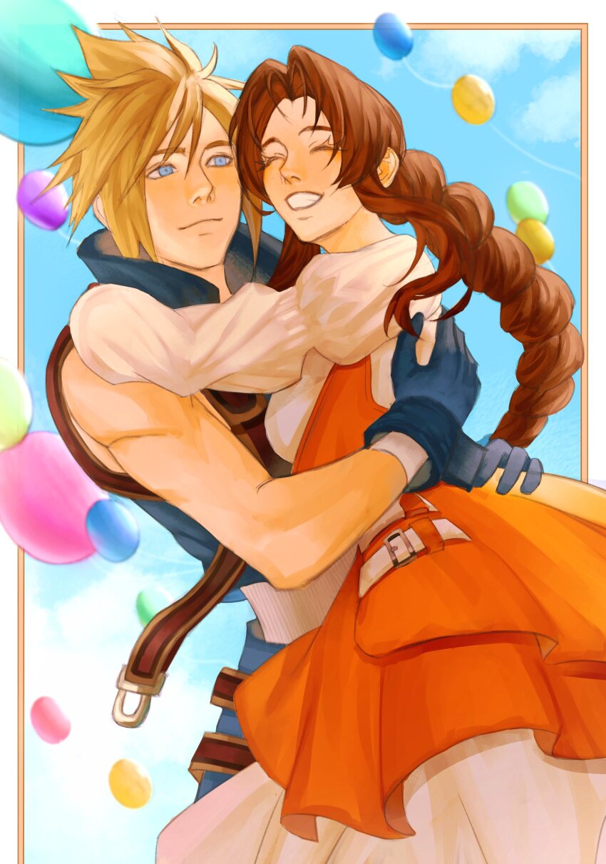 1boy, 1girl, absurdres, aerith_gainsborough, aerith_gainsborough_(garnet's_gown), arm_around_neck, arms_around_another's_waist, balloon