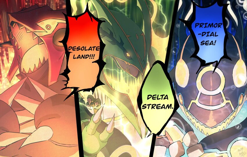 120%_potential_(meme), aura, claws, dragon, english_text, gen_3_pokemon, groudon, jujutsu_kaisen, kyogre, legendary_pokemon, looking_ahead, looking_at_viewer, mega_pokemon, mega_rayquaza, meme, neon_lights, nintendo, no_humans, o'donnis, parody, pokemon, pokemon_(creature), pokemon_ability, pokemon_focus, primal_groudon, primal_kyogre, pun, rayquaza, sharp_teeth, teeth