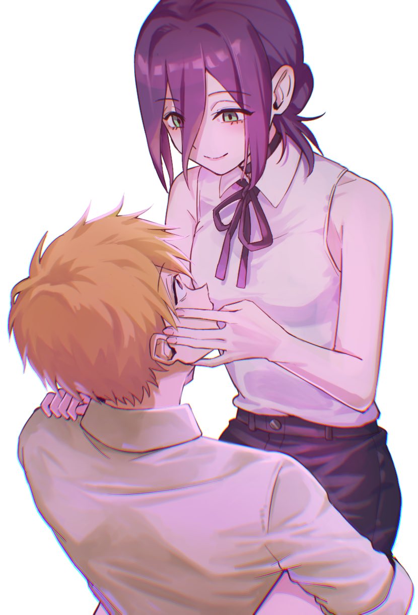 1boy, 1girl, bare_arms, bare_shoulders, black_ribbon, black_shorts, breasts, chainsaw_man