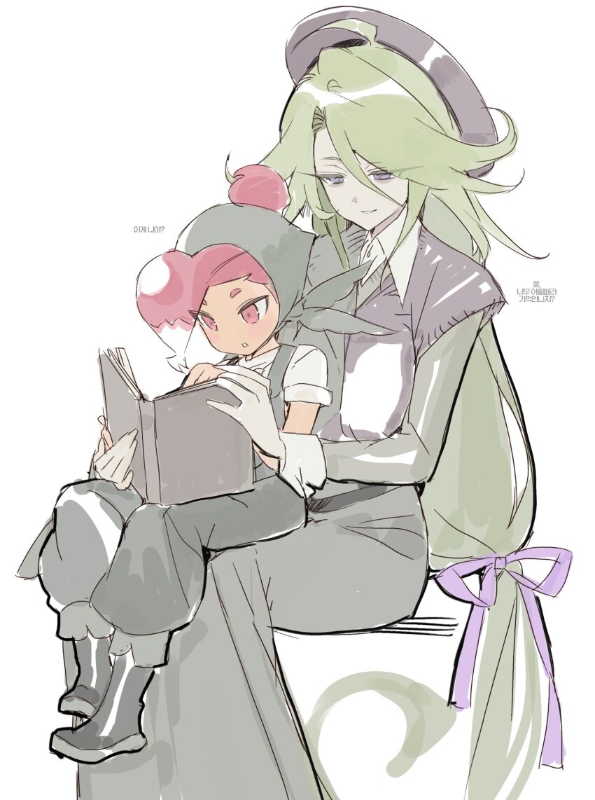 2girls, age_difference, ahoge, ankle_boots, bare_arms, belt, black_belt, black_boots