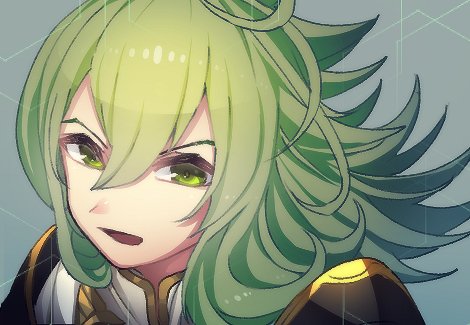 1boy, armor, close-up, green_eyes, green_hair, grey_background, grimms_notes, hair_between_eyes