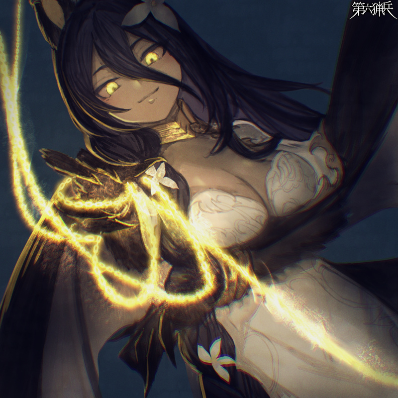 1girl, ambune_saleh, animal_ears, black_hair, breasts, cleavage, copyright_name, dairoku_ryouhei, dress, flower, hair_between_eyes, hair_flower, hair_ornament, long_hair, looking_at_viewer, magic, shionty, solo, standing, white_dress, yellow_eyes