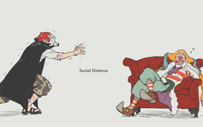 2boys, abunaideka, ascot, black_cape, blue_pants, brown_shoes, buggy_the_clown, cape, clown_nose, disembodied_hand, full_body, grey_background, hat, highres, male_focus, multiple_boys, one_piece, open_mouth, orange_hat, pants, pirate_hat, purple_ascot, red_hair, shanks_(one_piece), shirt, shoes, short_hair, simple_background, sitting, social_distancing, squeans, striped_clothes, striped_shirt