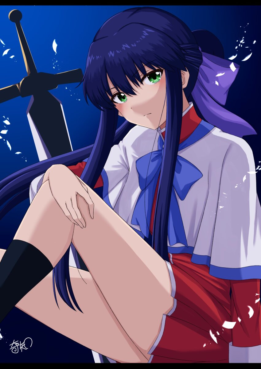 1girl, alt_text, arm_at_side, black_socks, blue_background, blue_bow, blue_bowtie, blue_hair