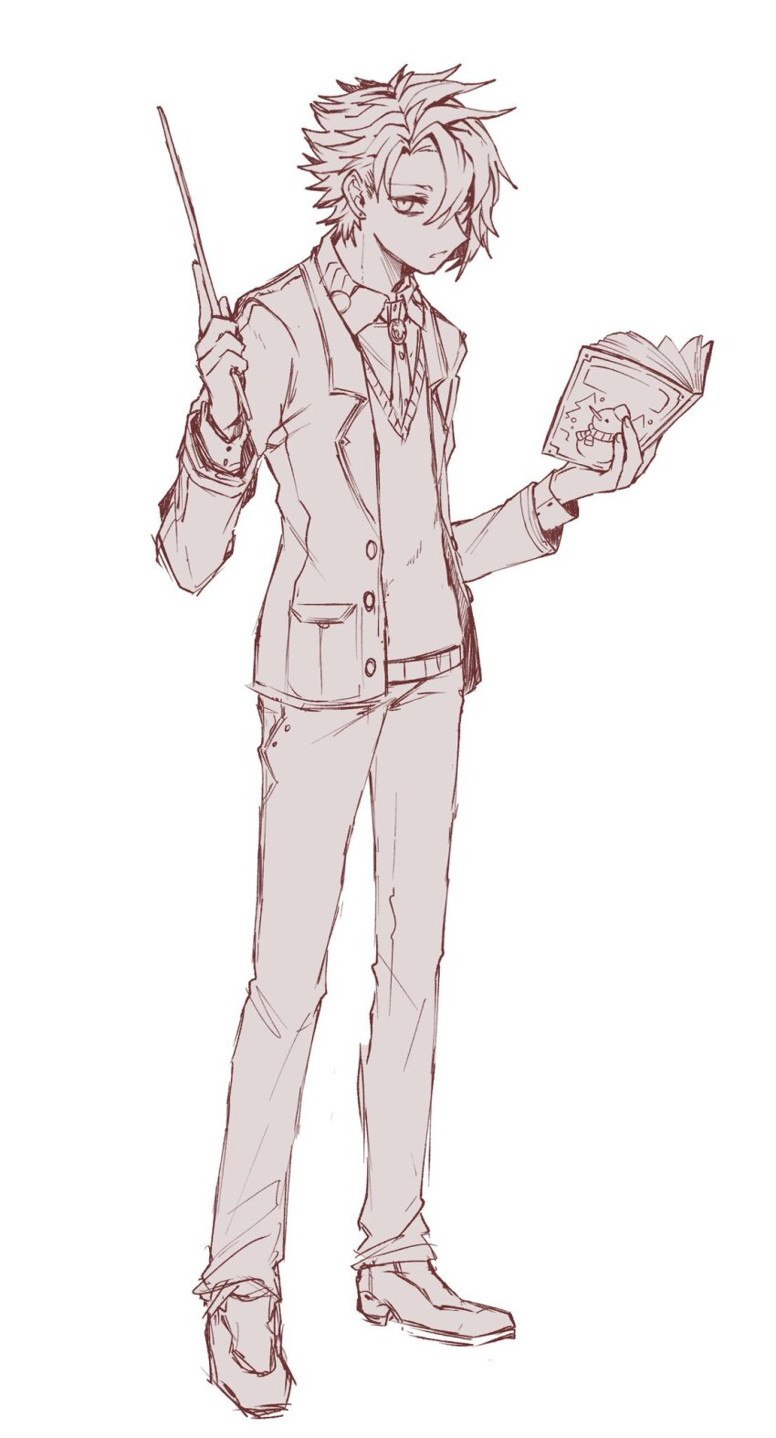 1boy, alternate_costume, book, collared_shirt, ear_piercing, full_body, grimms_notes, hair_over_one_eye