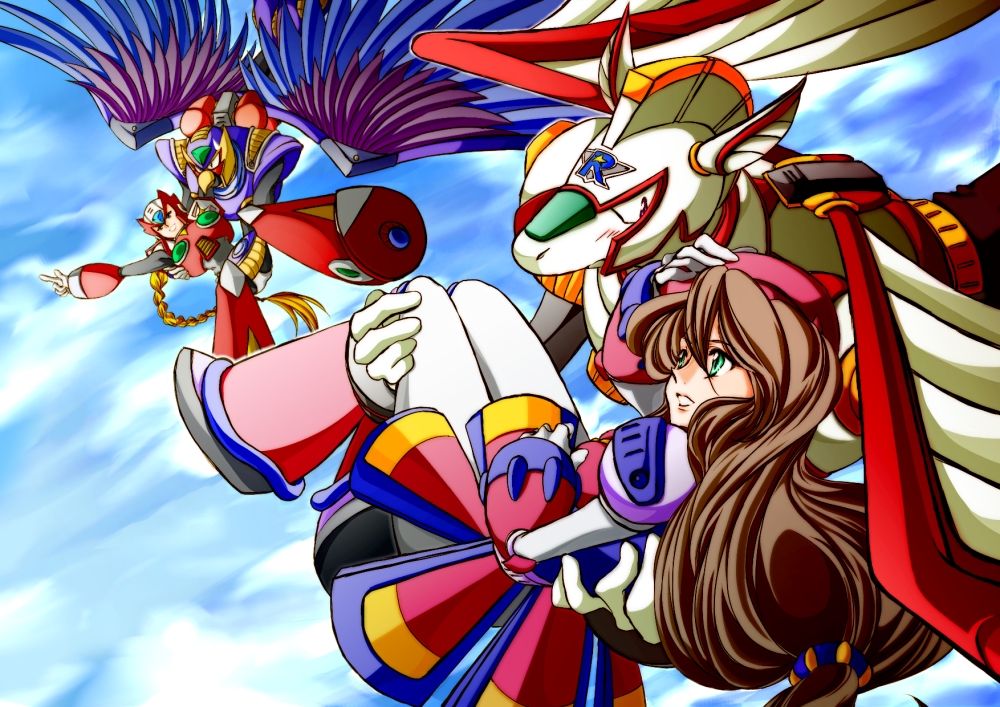 1girl, 3boys, android, armor, beret, bird, bird_wings, blonde_hair