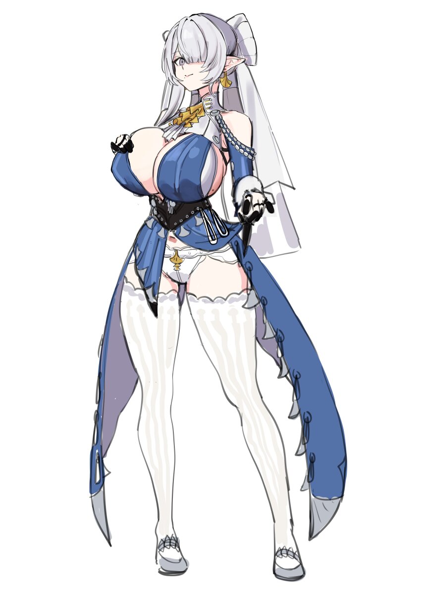 1girl, absurdres, ascot, blue_dress, breasts, cleavage, closed_mouth, clothing_cutout, commentary, dress, earrings, full_body, grey_eyes, hair_over_one_eye, hanakonenne, high_collar, highres, huge_breasts, jewelry, mole, mole_on_breast, mole_under_mouth, panties, pointy_ears, shoulder_cutout, simple_background, smile, solo, standing, straight_hair, teeth, underwear, velina_(zenless_zone_zero), white_background, white_panties, yellow_ascot, zenless_zone_zero