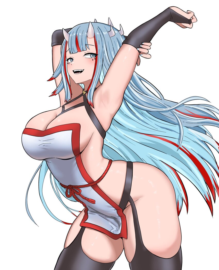 1girl, armpits, arms_up, bare_shoulders, black_gloves, blue_eyes, blue_hair, breasts