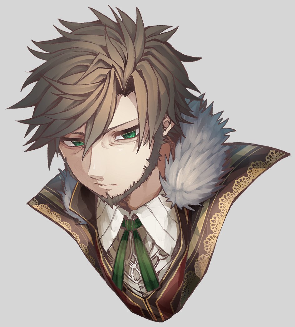 1boy, beard, brown_hair, closed_mouth, collared_shirt, cropped_shoulders, facial_hair, fur_trim