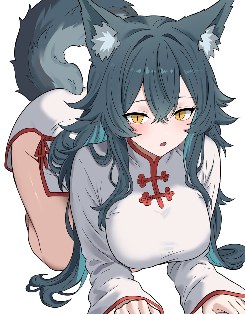 1girl, :o, all_fours, animal_ears, aqua_hair, breasts, china_dress, chinese_clothes