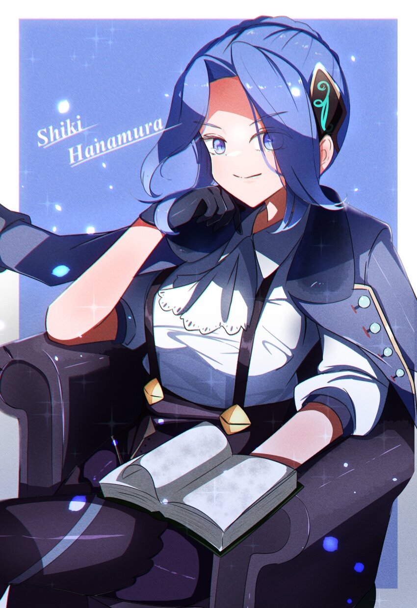 1girl, absurdres, black_gloves, blue_eyes, blue_hair, book, couch, gloves