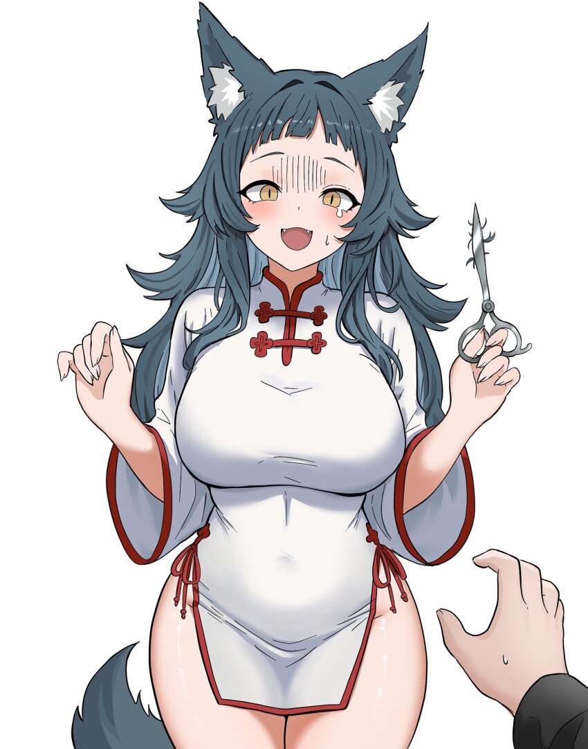 1girl, 1other, :d, animal_ears, aqua_hair, blush, breasts, china_dress