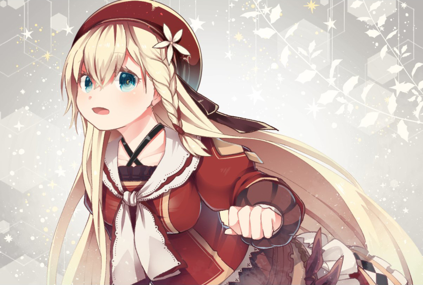 1girl, black_garter_straps, blue_eyes, braid, breasts, collarbone, crossed_bangs, dorothea_viehmann_(grimms_notes)