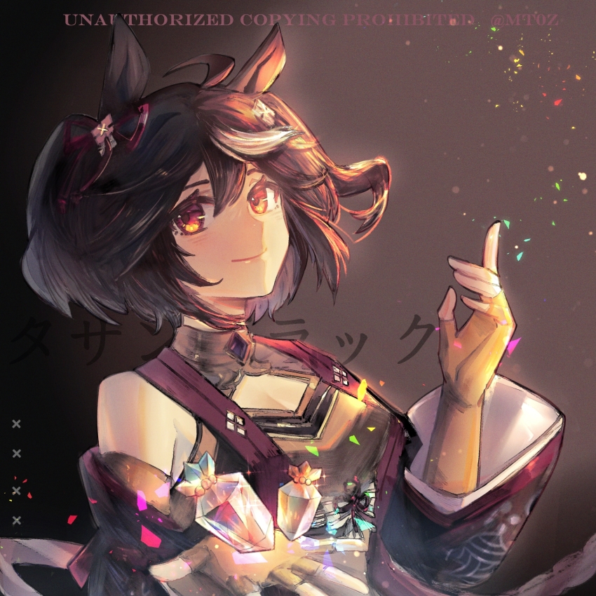 1girl, ahoge, animal_ears, black_gem, black_hair, blush, breasts, carat_(umamusume)