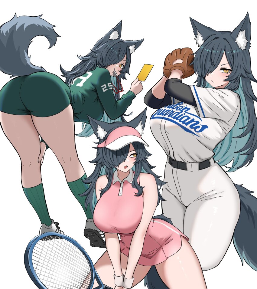 1girl, :/, animal_ears, baseball_glove, baseball_uniform, bent_over, black_sleeves, blowing_whistle