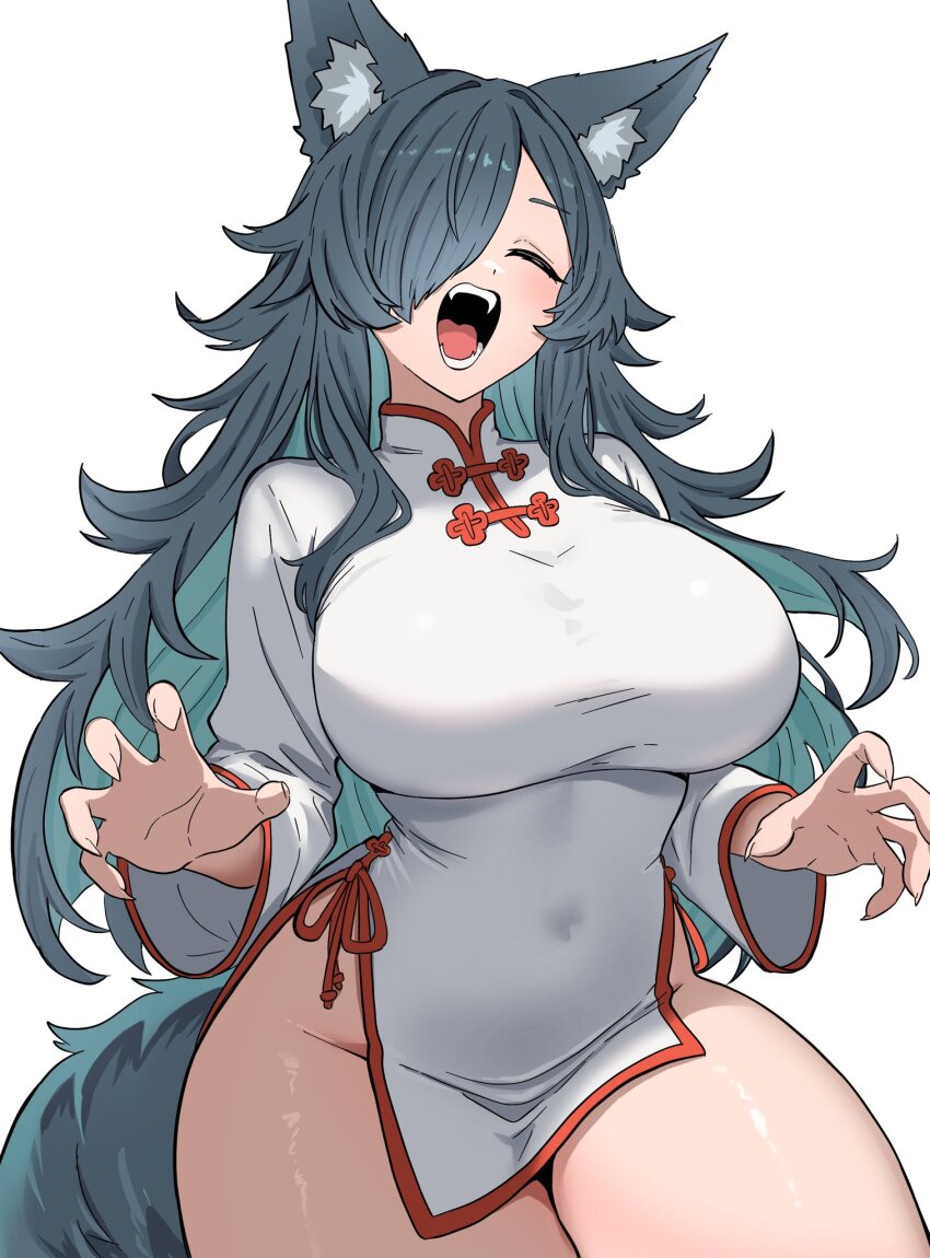 1girl, animal_ears, breasts, china_dress, chinese_clothes, chiyoko_(ishinabe_art), closed_eyes, commentary_request