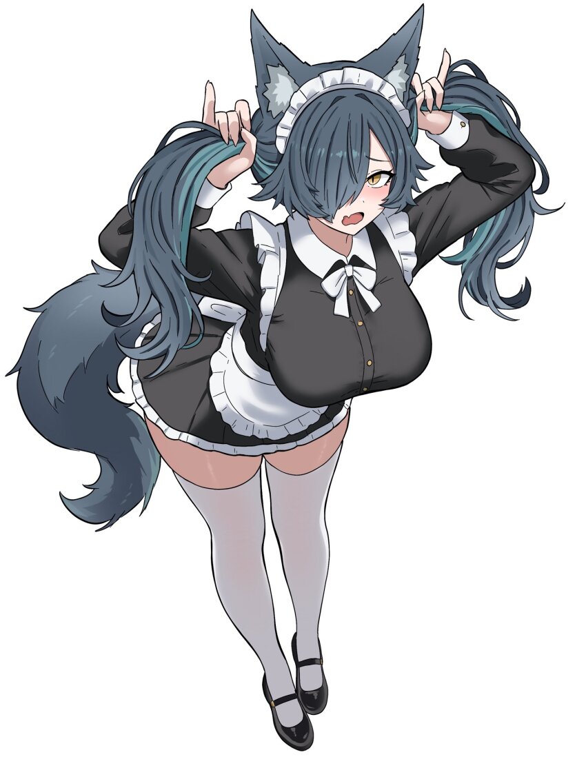 1girl, :o, animal_ears, apron, aqua_hair, arms_up, black_dress, black_shoes