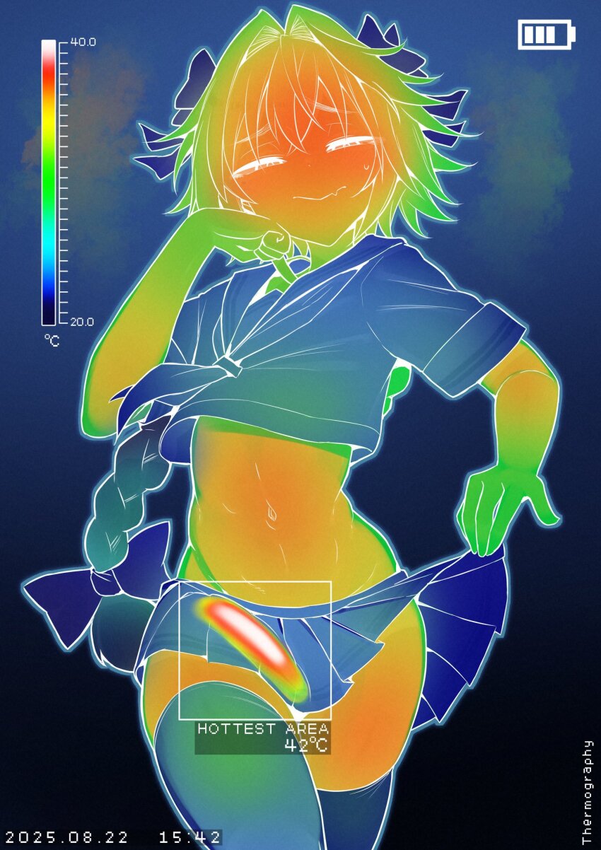 1boy, :>, astolfo_(fate), astolfo_(sailor_paladin)_(fate), battery_indicator, black_bow, blush, bow, braid, bright_pupils, bulge, commentary_request, contrapposto, cowboy_shot, dai_yasude, dated, english_text, erection, erection_under_clothes, fang, fate/grand_order, fate_(series), gradient_background, grey_background, hair_bow, half-closed_eyes, hand_up, highres, lifting_own_clothes, long_braid, looking_at_viewer, male-female_symbol, midriff, navel, neckerchief, pleated_skirt, sailor_collar, shirt, short_sleeves, simple_background, single_braid, skin_fang, skindentation, skirt, solo, thermogram, thighhighs, thighs, trap