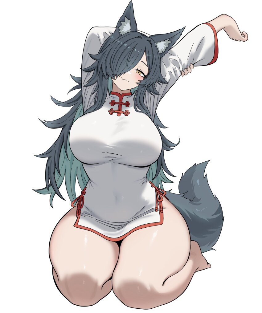 1girl, animal_ears, aqua_hair, arm_behind_head, arm_up, bare_legs, barefoot, breasts, china_dress, chinese_clothes, chiyoko_(ishinabe_art), covered_navel, dress, fang, hair_over_one_eye, highres, ishinabe_art, large_breasts, long_hair, looking_at_viewer, original, seiza, simple_background, sitting, skin_fang, smile, solo, stretching, tail, thick_thighs, thighs, very_long_hair, white_background, white_dress, wolf_ears, wolf_girl, wolf_tail, yellow_eyes
