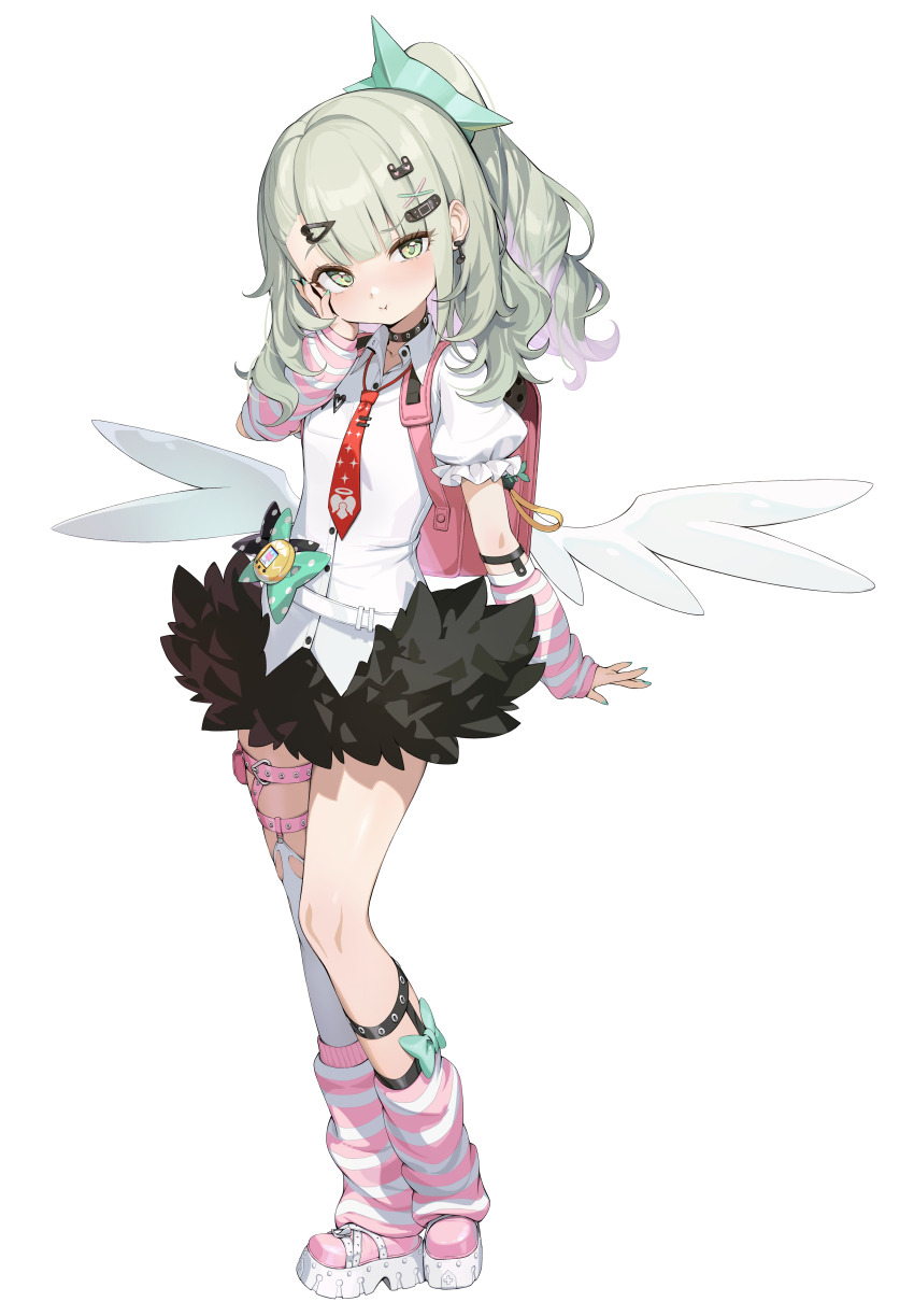 1girl, absurdres, arm_warmers, bag, black_skirt, collared_shirt, commentary, full_body