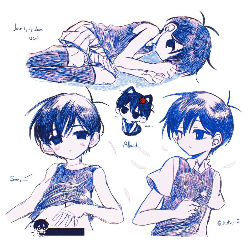 2boys, :<, animal_ears, antenna_hair, arm_at_side, bar_censor, bare_arms, bare_shoulders