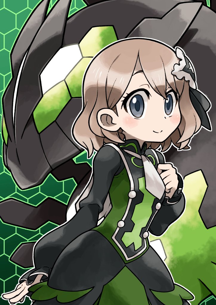 1girl, blush, brown_hair, closed_mouth, commentary_request, dress, eyelashes, gen_6_pokemon