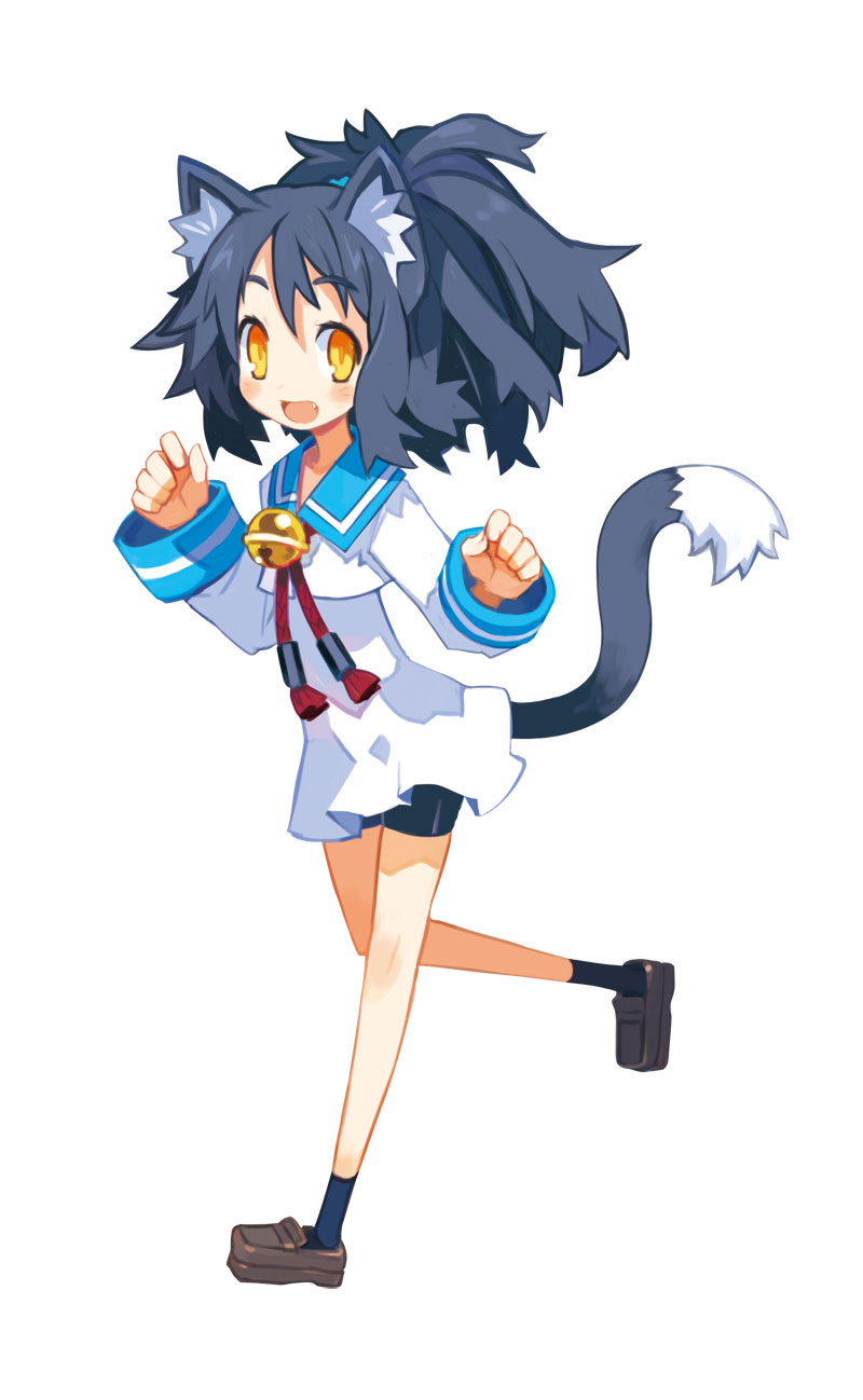 animal_ears, bell, cat_ears, cat_tail, disgaea, highres, makai_senki_disgaea_3, official_art, ruchiru_(disgaea), school_uniform, tail, yellow_eyes