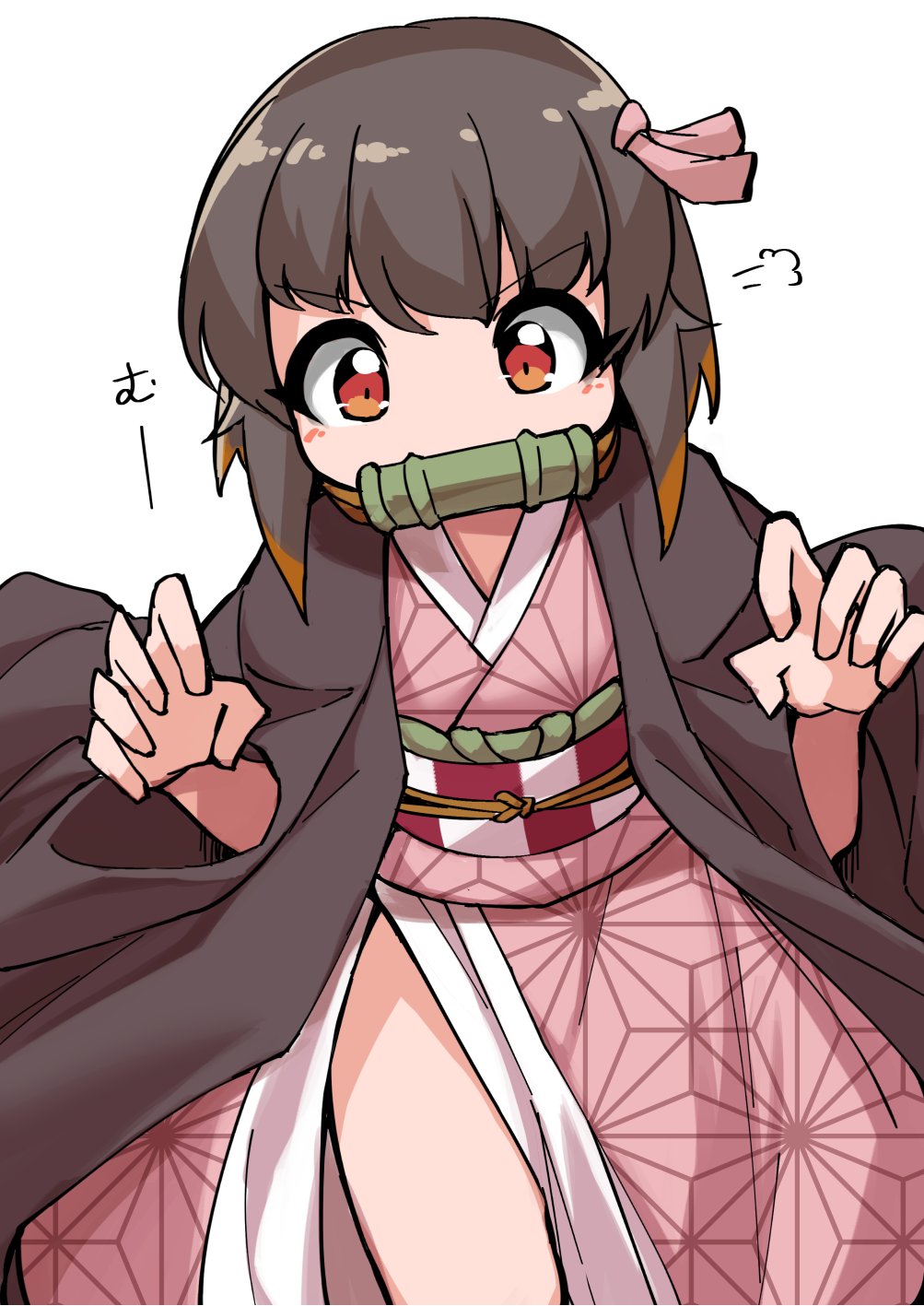 1boy, asa_no_ha_(pattern), ayumu_(fun_bo), bit_gag, brown_hair, brown_haori, commentary_request, cosplay