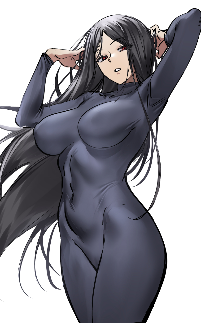 1girl, absurdres, arms_up, black_bodystocking, black_hair, bodystocking, breasts, commentary