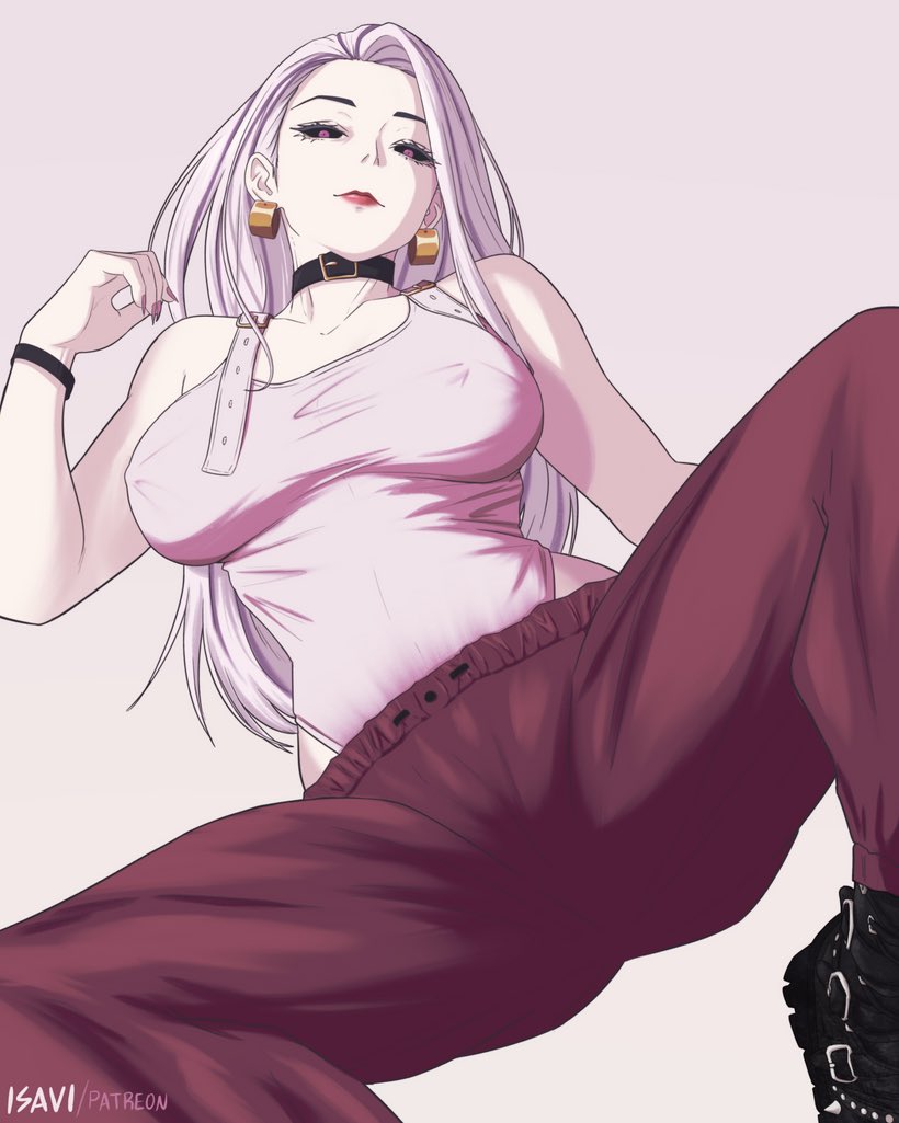 1girl, belt_collar, black_sclera, breasts, collar, colored_sclera, earrings, isavi