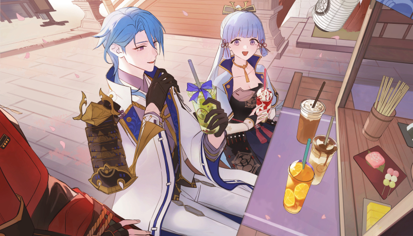 1girl, 2boys, armor, asymmetrical_armor, asymmetrical_hair, ayaka_(genshin_impact), birthday, black_armor