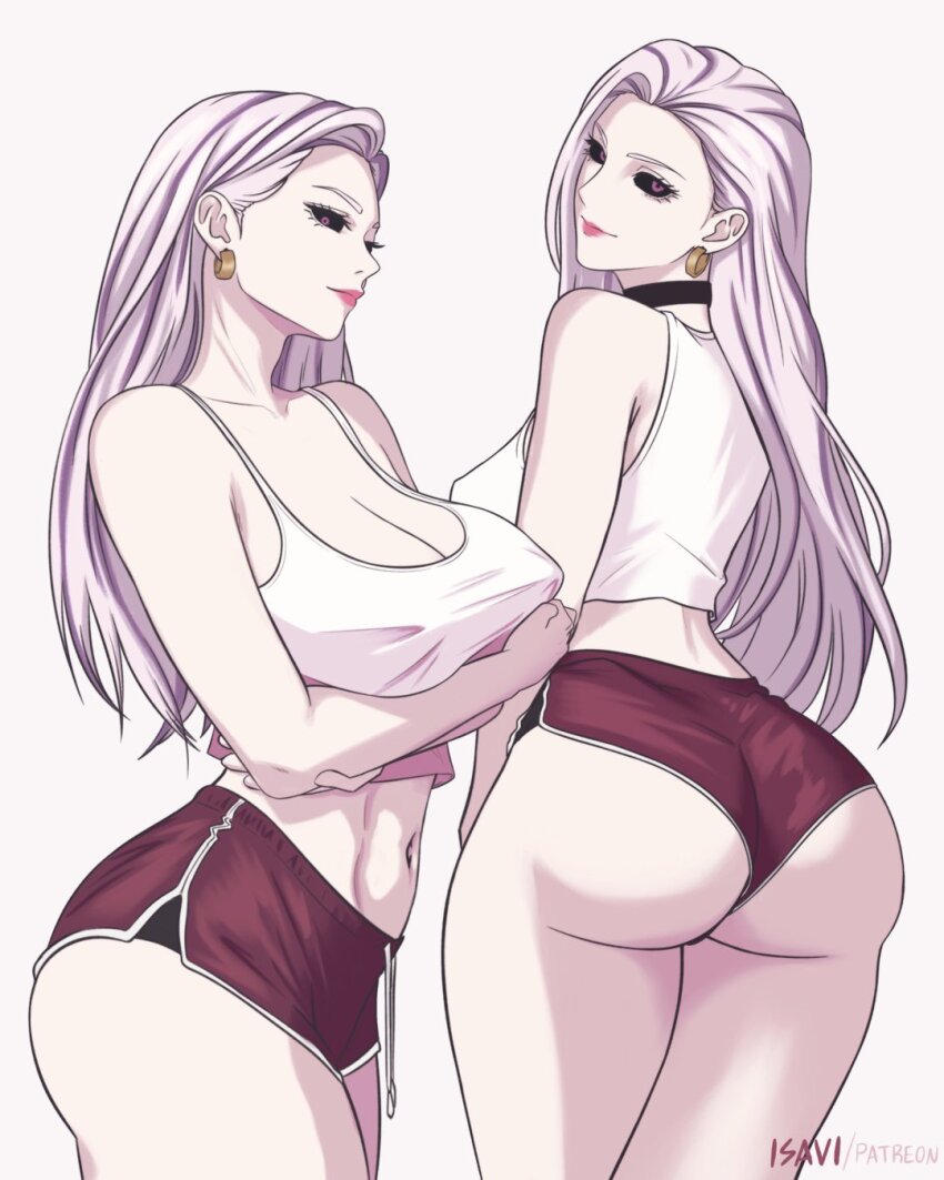 1girl, artist_name, ass, black_choker, black_sclera, breasts, choker, colored_sclera