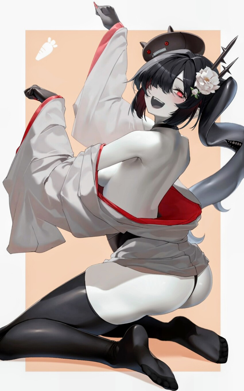 1girl, abyssal_ship, arms_up, ass, back, black_hair, black_panties, black_thighhighs, blush, breasts, choker, colored_skin, commentary_request, grey_skin, hair_over_one_eye, highres, japanese_clothes, kantai_collection, kimono_partially_removed, long_bangs, looking_at_viewer, medium_breasts, mokuren_(mozukukirai88), mole, mole_under_eye, open_mouth, panties, paw_pose, ra-class_destroyer, ra-class_destroyer_beta, red_eyes, seiza, sideboob, sidelocks, simple_background, sitting, skindentation, smile, solo, t-back, teeth, thighhighs, underwear, upper_teeth_only