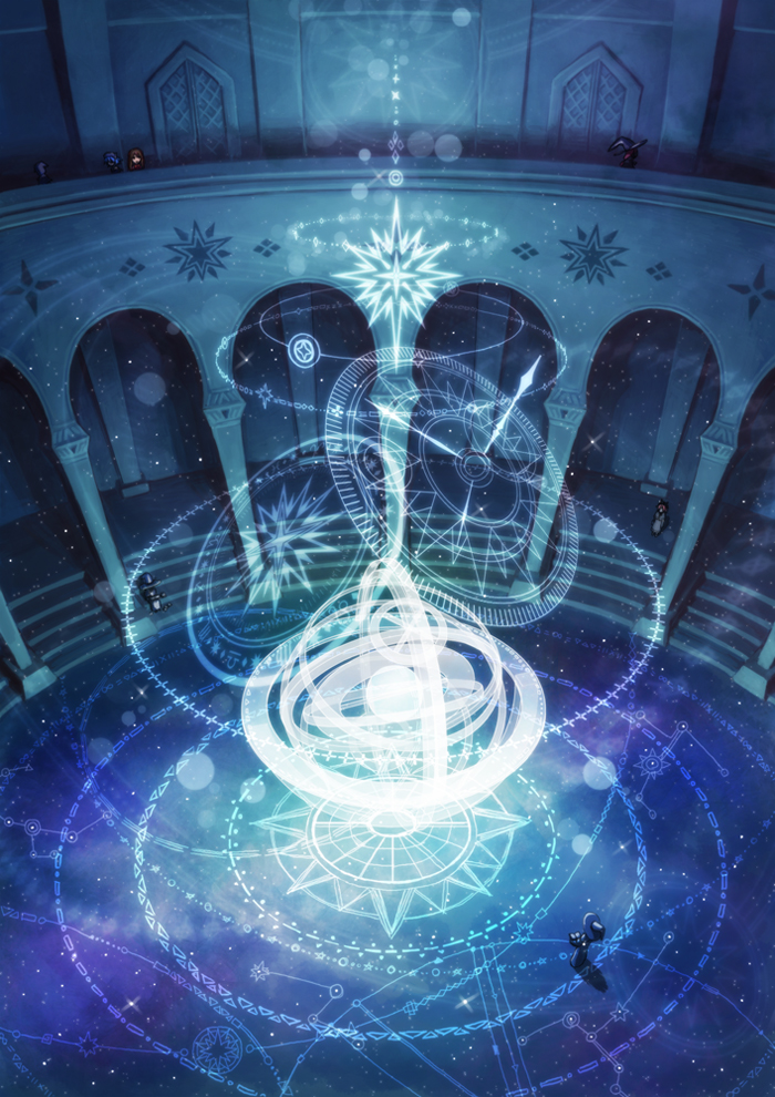 arch, armillary_sphere, blue_hair, book, brown_hair, door, hat, interior, magic, magic_circle, original, rairaku, scenery, shadow, stairs, star_(sky), witch_hat, yuuzuki_rairaku