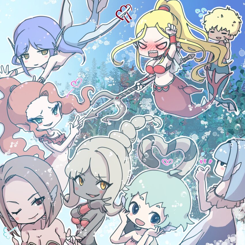 1boy, 6+girls, ahoge, air_bubble, aqua_hair, armor, bikini, black_tail