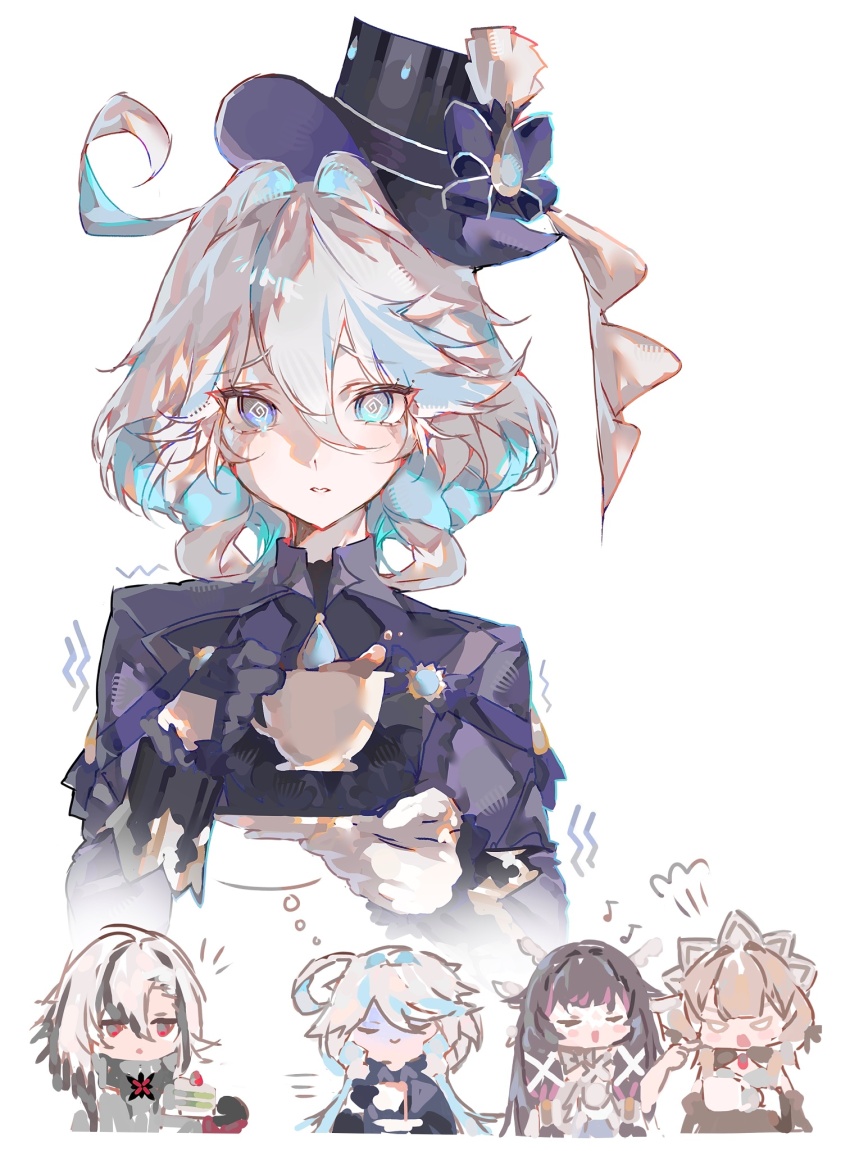 5girls, @_@, ahoge, aqua_eyes, arlecchino_(genshin_impact), black_hair, blonde_hair, blue_eyes