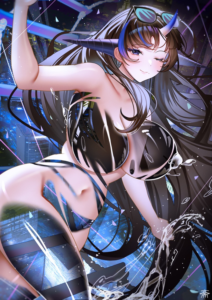 1girl, ;), absurdres, arm_up, azur_lane, bare_arms, bare_shoulders, blue_eyes