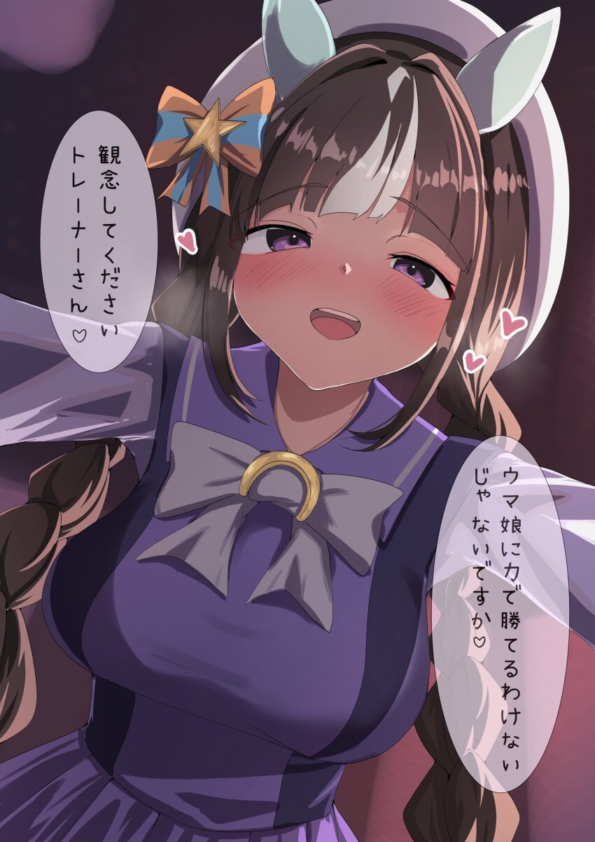 1girl, beret, black_hair, blunt_bangs, blurry, blurry_background, braid, breasts