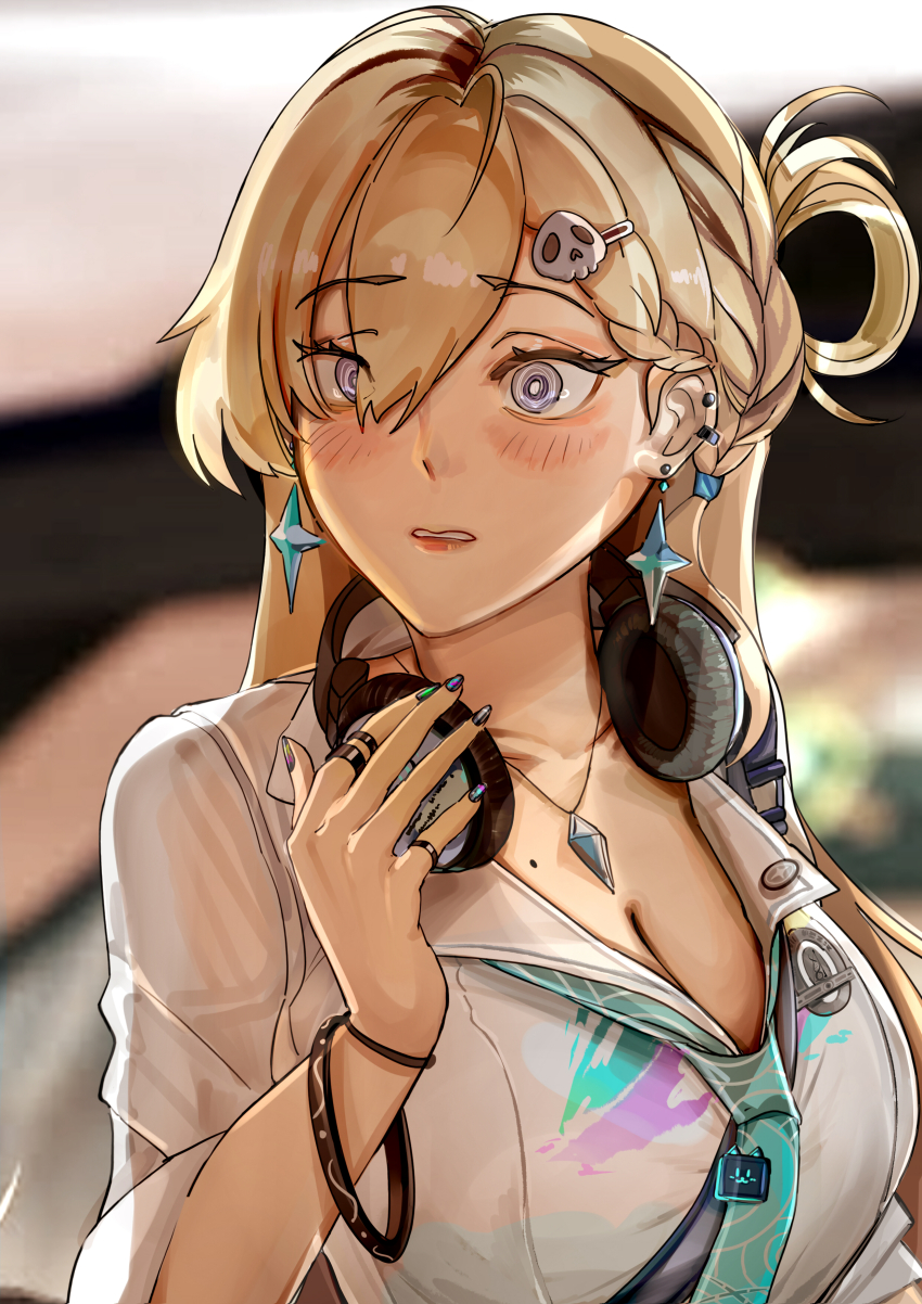 1girl, absurdres, aqua_necktie, blonde_hair, blouse, braid, braided_bangs, collared_shirt, commentary, earrings, forescatt, graffiti, gyaru, hair_between_eyes, hair_ornament, headphones, headphones_around_neck, highres, id_card, jewelry, long_hair, long_sleeves, lynae_(wuthering_waves), necktie, school_uniform, shirt, shirt_tucked_in, skull_hair_ornament, star_(symbol), star_earrings, white_shirt, wuthering_waves