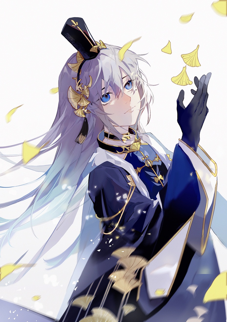 1boy, androgynous, autumn_leaves, black_choker, black_coat, black_gloves, black_robe, blue_eyes