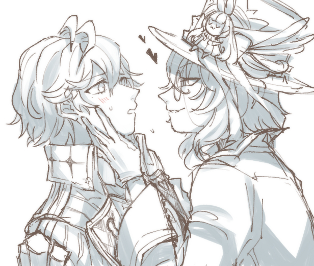 2boys, antenna_hair, blush, coat, gloves, greyscale, grimms_notes, hair_between_eyes