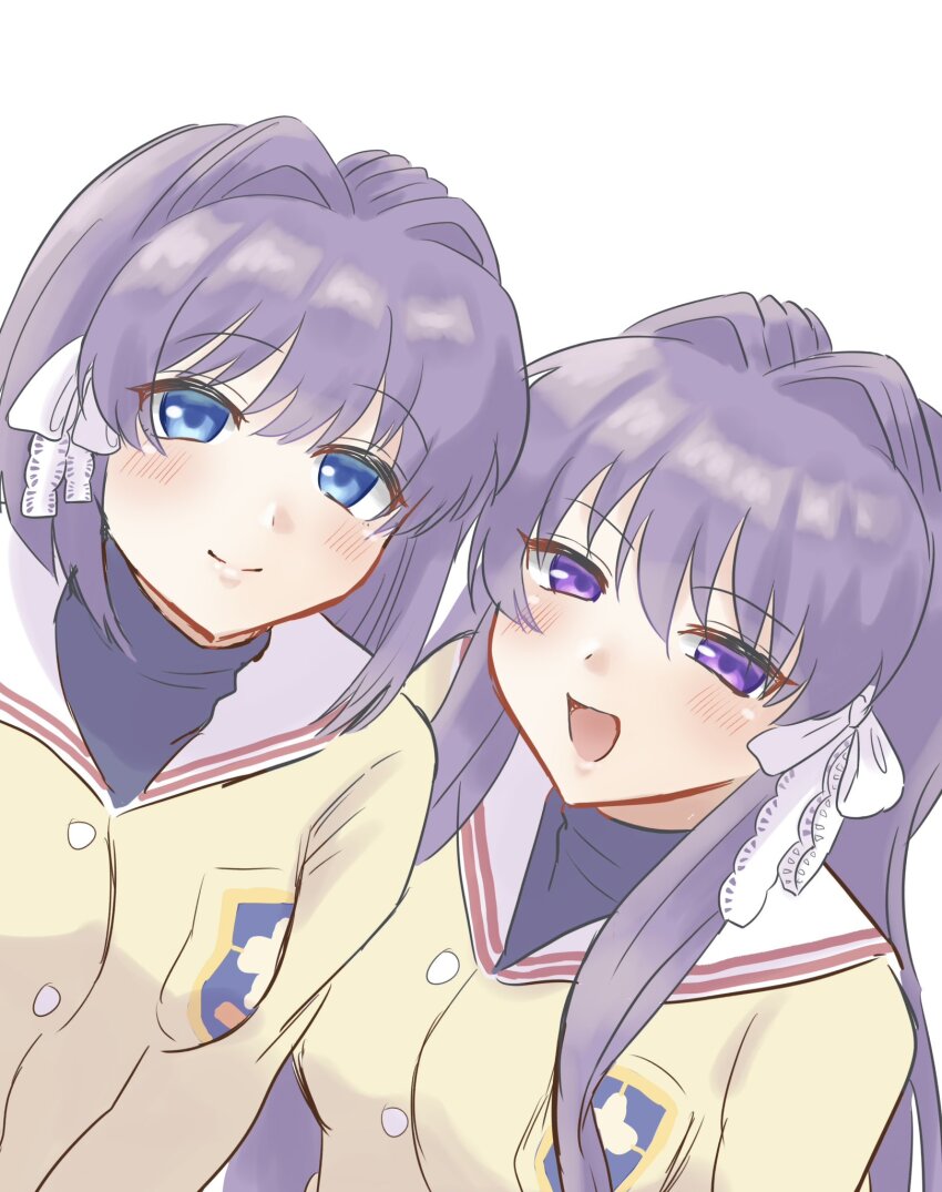 2girls, :d, blue_eyes, blue_shirt, blush, che11y_oo, clannad, closed_mouth