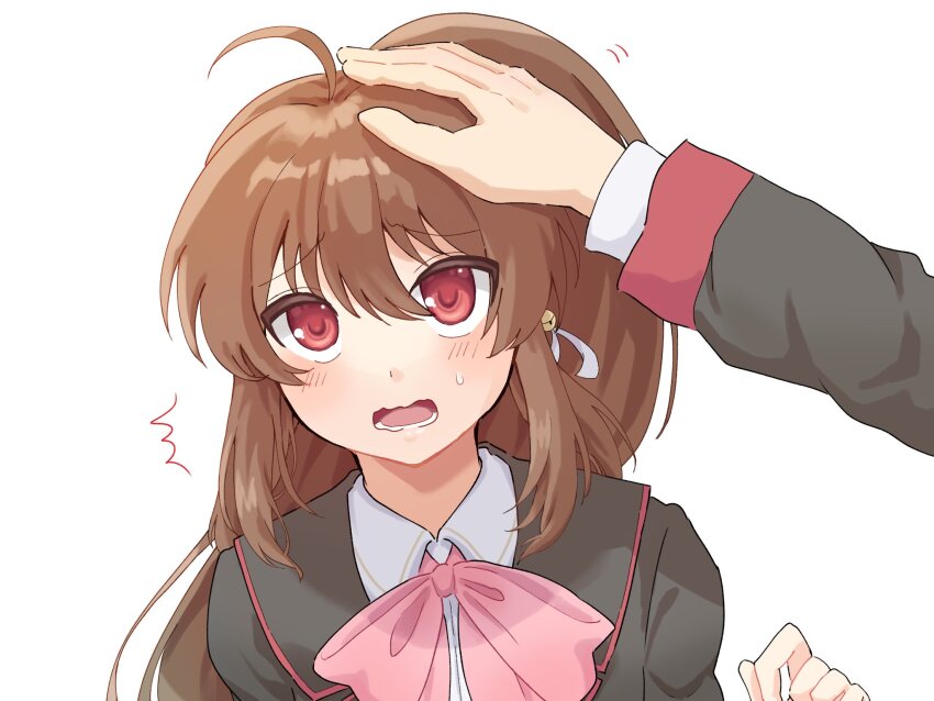 1girl, 1other, ^^^, ahoge, bell, black_jacket, blush, bow