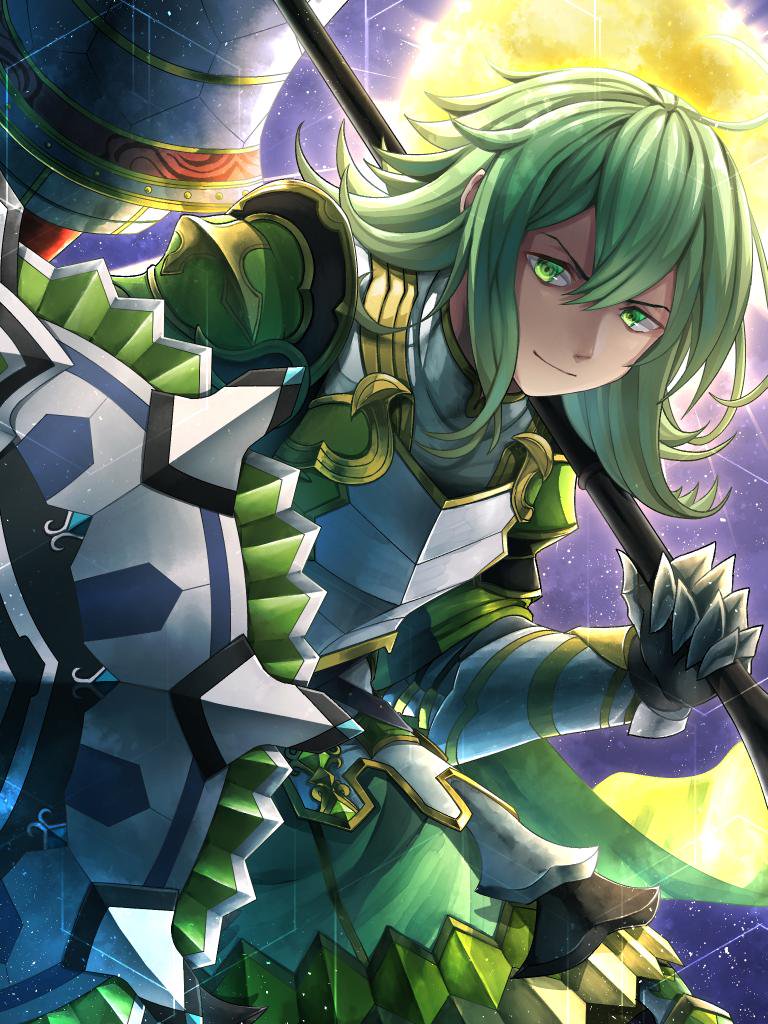 1boy, armor, closed_mouth, cowboy_shot, gauntlets, green_armor, green_eyes, green_hair