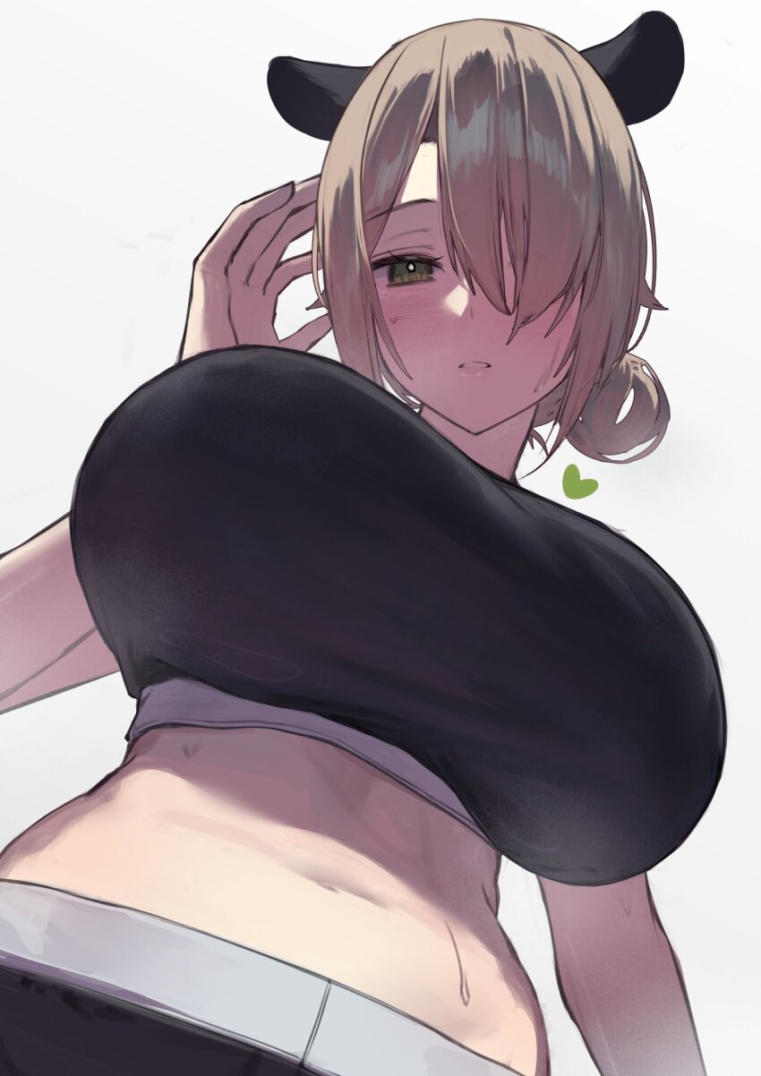 1girl, animal_ears, bongk, breasts, brown_hair, commentary, english_commentary, from_below