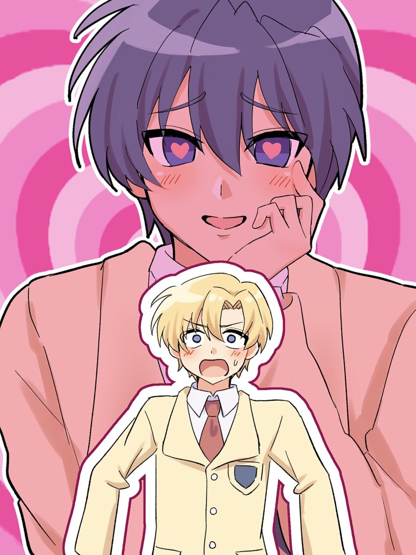 2boys, :d, blonde_hair, blue_eyes, blue_hair, blush, che11y_oo, clannad, collared_shirt, commentary, doujinshi_cover_trope_(trend), furrowed_brow, hand_on_own_cheek, hand_on_own_face, hand_up, head_rest, heart, heart-shaped_pupils, highres, hikarizaka_private_high_school_uniform, jacket, long_sleeves, looking_at_viewer, lovestruck, male_focus, multiple_boys, necktie, okazaki_tomoya, open_mouth, outline, pink_background, projected_inset, raised_inner_eyebrows, red_necktie, school_uniform, shirt, short_hair, simple_background, smile, sunohara_youhei, symbol-shaped_pupils, upper_body, v-shaped_eyebrows, white_outline, white_shirt, wide-eyed, yaoi, yellow_jacket