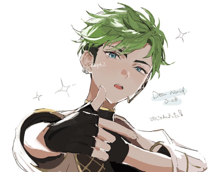 1boy, black_gloves, blue_eyes, commentary_request, earrings, ensemble_stars!, fingerless_gloves, gloves, green_hair, headset, jewelry, kojika_juis, l_hand, long_sleeves, looking_at_viewer, male_focus, open_mouth, short_hair, simple_background, solo, sparkle, teeth, translation_request, twitter_username, undercut, uni_(mimiyt_3), upper_body, upper_teeth_only, very_short_hair, white_background