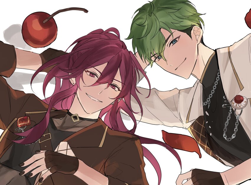 2boys, absurdres, arm_support, black_shirt, blue_eyes, brown_gloves, brown_nails, chain