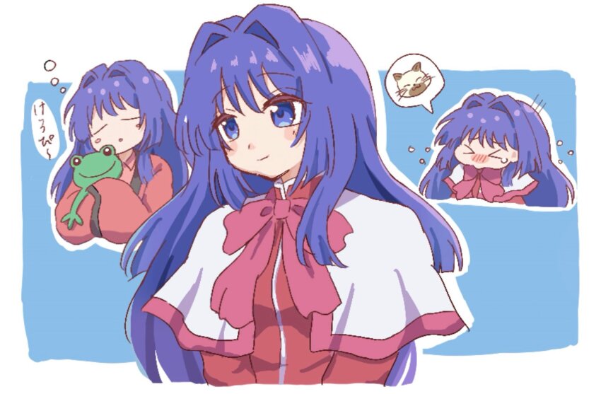 >_<, 1girl, allergy, blue_background, blue_eyes, blue_hair, blunt_ends, blush_stickers